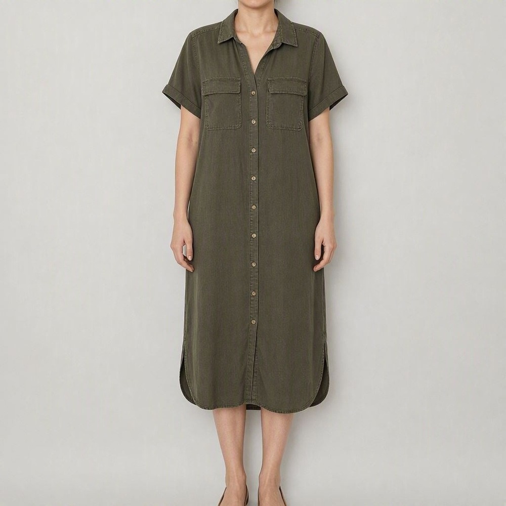 Dress Short Sleeve Minimalist Utility Military Tencel Velvet Heart S Olive Green